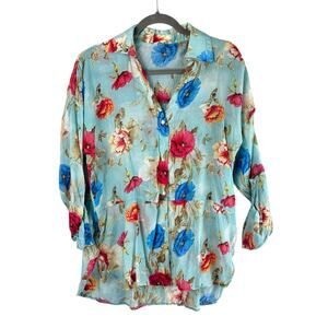 Umgee Floral Tunic Size Medium Blue Pink Sheer Blouse Button Up Beach Boho